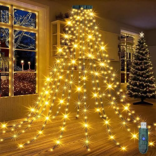 Guirlande Lumineuse LED de 2m pour Sapin de Noël avec 300 LED et 8 Anneaux, Lumière Chaude, USB 5V/2A, pour Intérieur et Extérieur, Convient aux Arbres de 150cm / 180cm / 210cm / 240cm