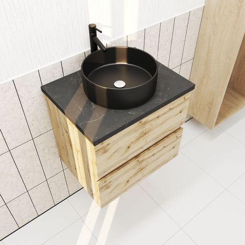 Meuble Salle De Bains 60cm Chêne Naturel 2 Tiroirs - Plan Effet Marbre Noir + Vasque Ronde Noire