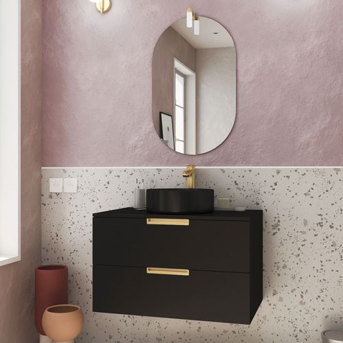 Meuble Salle De Bains 80cm Noir Mat Et Or Doré 2 Tiroirs - Vasque Noire - Miroir & Applique Led