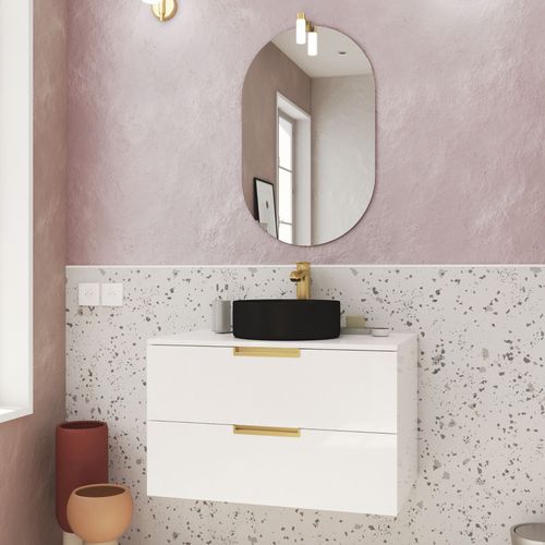 Meuble Salle De Bains 80cm Laqué Blanc Et Or Doré 2 Tiroirs - Vasque Noire - Miroir & Applique Led