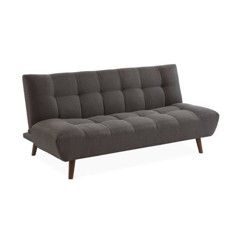 Canapé 3 Places Banquette Clic Clac Convertible En Tissu Gris Foncé Et Pieds Bois Couleur Noyer