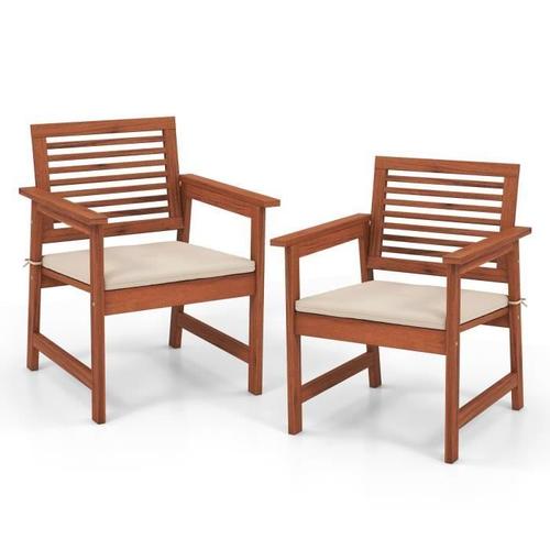 Costway Lot De 2 Chaises Fauteuil De Jardin En Bois - Dossier Siège À Lattes, Coussin Amovible - Charge 120kg - Intérieur Extérieur