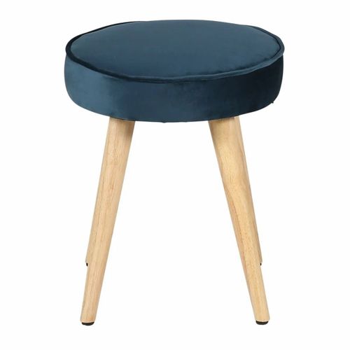 Pouf En Velours Bleu Foncé Et Piètement Bois - Casanova