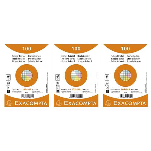 Exacompta Lot De 3 Paquets De 100 Fiches Bristol Quadrillé 5x5 Non Perforé 105x148mm - Assorties