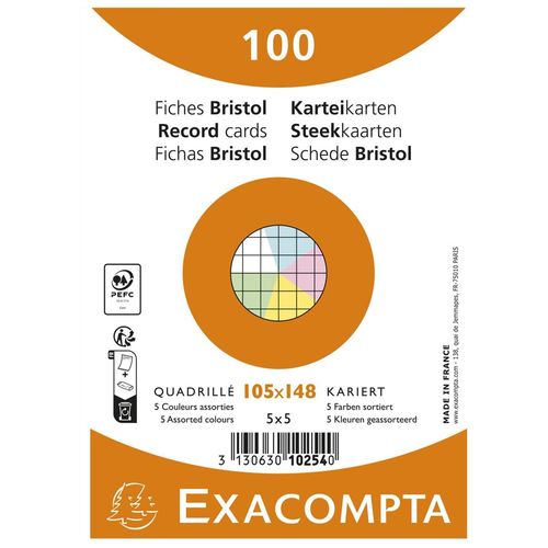 Exacompta Paquet De 100 Fiches Bristol Quadrillé 5x5 Non Perforé 105x148mm - Assorties