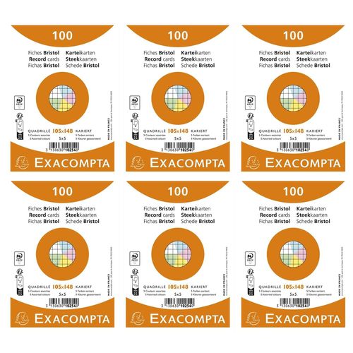 Exacompta Lot De 6 Paquets De 100 Fiches Bristol Quadrillé 5x5 Non Perforé 105x148mm - Assorties