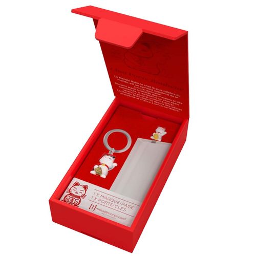 Coffret cadeau porte-clés et marque-pages Chat porte bonheur