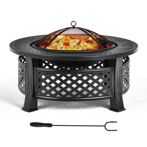 COSTWAY Brasero Extérieur Rond de 81 cm 3 en 1, avec Grille à Bûches Tisonnier Housse de Pluie, pour Camping Arrière-Cour
