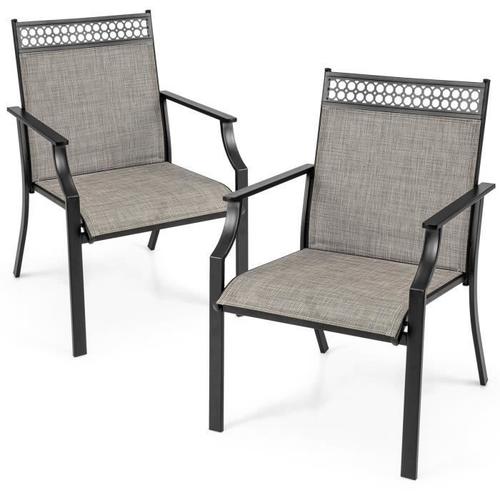 Costway Lot De 2 Chaises Fauteuils De Jardin En Textilène -Cadre En Métal, Décoration Ajourée, Charge 150kg -Terrasse Piscine -Café