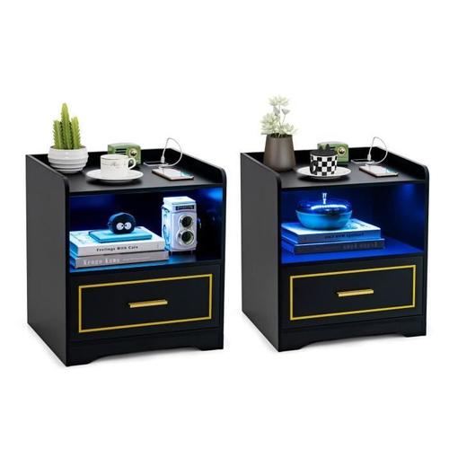 Costway Lot De 2 Table De Chevet Led Avec 1 Type-C + 1 Usb, 3 Couleurs De Lumière, Capteur Intelligent, 45 X 40 X 50 Cm, Noir