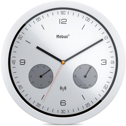 Mebus Horloge Radio-pilotée Thermomètre Hygromètre Diam 26cm Blanc
