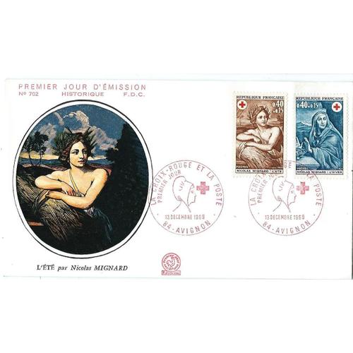 France 1969, Très Belle Enveloppe 1er Jour Fdc 702, Timbres Croix Rouge Yvert 1619 Et 1620, Oeuvres De Nicolas Mignard, "L'été" Et "L'hiver", Cachet D' Avignon.