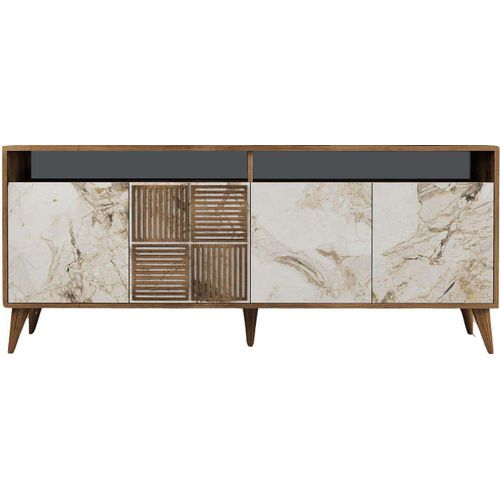 Buffet En Aggloméré 4 Portes Milan Noyer Et Imitation Marbre Blanc