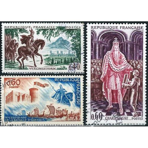 France 1966, Belle Série Complète Grandes Heures De L'histoire, Timbres Yvert 1495 Vercingétorix, 1496 Clovis, 1497 Charlemagne, Oblitérés, Tbe