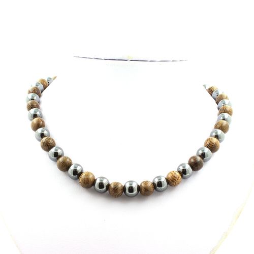 Collier Perles Hématite + Bois 10 Mm Chaine En Acier Inoxydable.