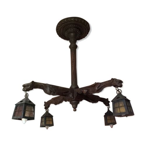 Lustre Gargouilles No Gothique Xix E En Bois Sculpt Abat Jour Lanternes Marron