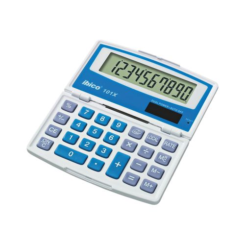 Rexel Ibico 101X - Calculatrice de poche - 10 chiffres - panneau solaire, pile - blanc, bleu