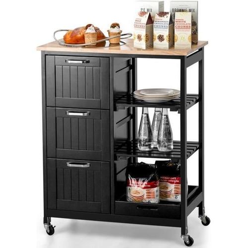 Costway Desserte De Cuisine Avec 3 Tiroirs 67x37x82,5cm Chariot De Service Avec Plateau Amovible Et Comptoir En Bois D?Hévéa Noir