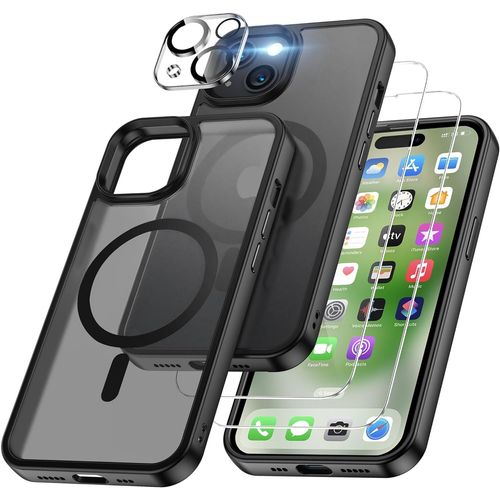 Coque Pour Iphone 15 - 2 Films Verre Trempé Coque Silicone Gel Ultraslim - Noir Mat