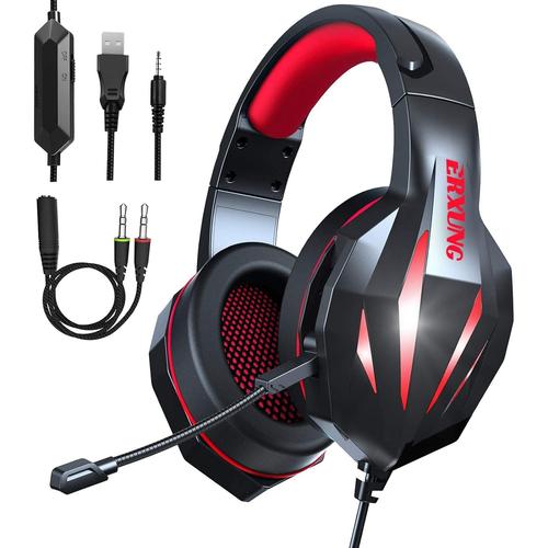 Casque Gamer PS5 Casque Gaming PC avec Micro, LED lumi¿¿re, 3.5mm Jack Compatible PS4/PS5/PC/Mac/Xbox/Switch/Laptop (Rouge)