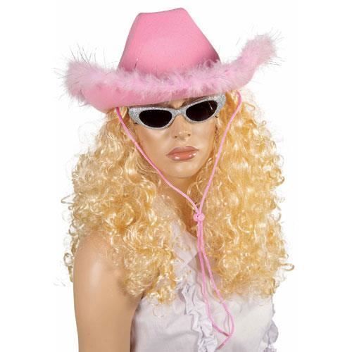 Chapeau Feutre Cow Girl Rose Avec Plumes - Ptit Clown - Taille Adulte 59cm - Accessoire De Mode Pour Femme