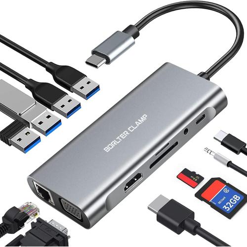 Adaptateur USB C Multiport 11 en 1 avec Hub HDMI 4K et VGA, Ethernet, 4 Ports USB, Port PD 100W, Lecteur de Carte SD et microSD, Audio 3,5mm pour MacBook Pro, XPS et autres appareils.