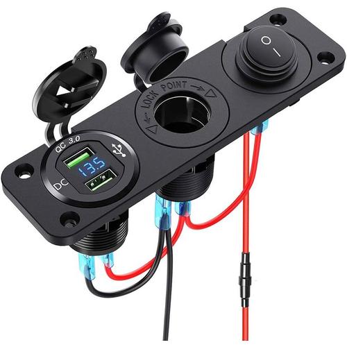 Double Chargeur Prise Usb Led Voltm¿¿Tre 12v Interrupteur Prise Panneau ¿¿ Quatre Fonctions Pour Voiture Marine Rv Camion Car Gps (Bleu-1)