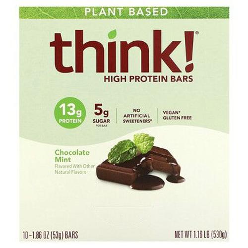 Think ! Barres Riches En Protéines, Chocolat Et Menthe, 10 Barres, 53 G Chacune