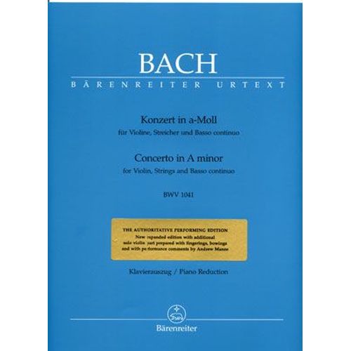 Konzert Für Violine,  Streicher Und Basso Continuo A-Moll Bwv 1041 Klavierauszug - Violine Und Klavier