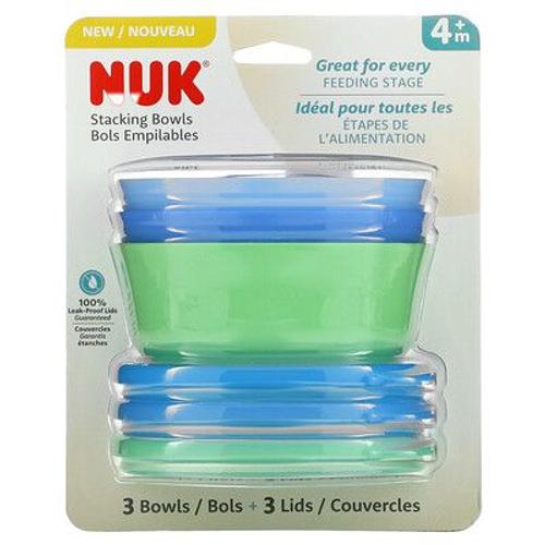 Nuk Bols Empilables, 4 Mois Et Plus, Bleu Et Vert, 3 Bols + 3 Couvercles