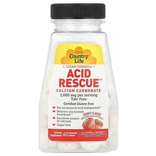 Country Life Acid Rescue, Carbonate De Calcium, Arôme Fruits Rouges, 1000 Mg, 60 Comprimés À Croquer (500 Mg Par Comprimé)