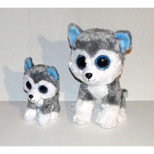 Peluche Husky Gris Blanc Bleu Ty - Lot 2 Doudou Chien Yeux Brillant Bleu