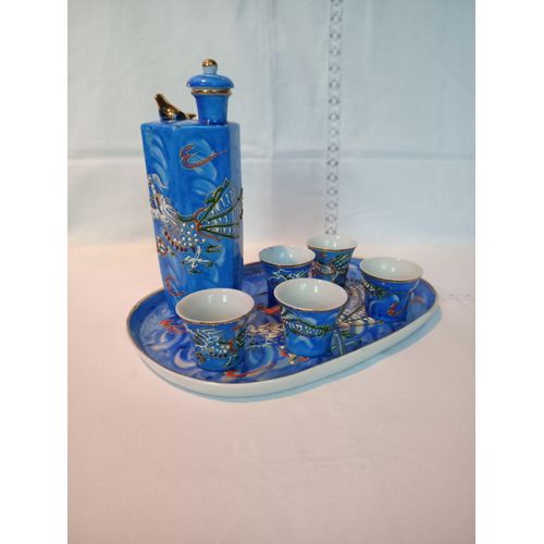 Service À Saké Bleu Satsuma - Porcelaine Japonaise Vintage 1940/1950 - Ensemble 7 Pièces
