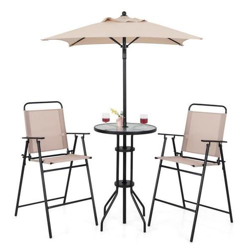 Costway 4 Pcs Salon De Jardin - Parasol, 2 Chaises De Jardin Pliantes, Table Basse En Verre Trempé - Bistro Terrasse Piscine - Beige