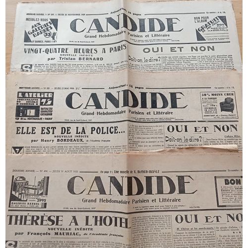 Lot 15 Vieux Journaux "Candide" De 1929 À 1937 (Abel Faivre, Sennep, Dorgelès, Daudet, Colette, Mauriac, Troyat, Dekobra, Stevenson...)