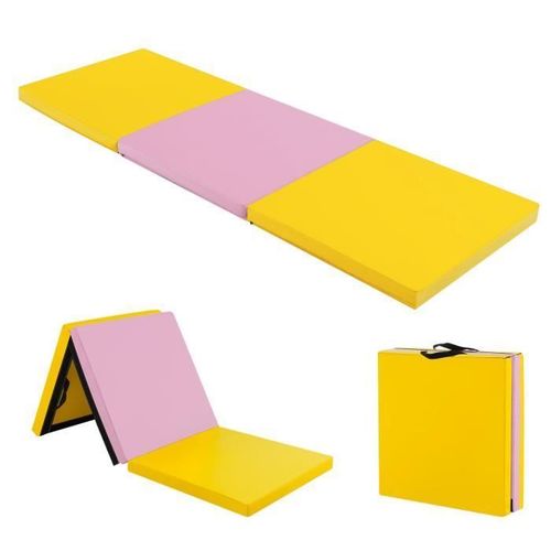 Costway Tapis De Gymnastique Pliable 180x60x5 Cm En 3 Plis Avec 2 Poignées,Velcro 3 Côtés En Pu Etanche Remplissage Epe Jaune+Rose