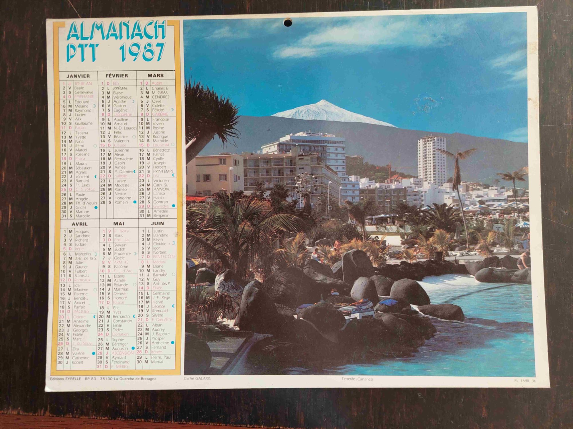 Calandrier Almanach Ptt 1987 / Tenerife Canaries / Guethary Pays Basque / Avec Fascicule Interne Facteur Rural A Bicyclette...