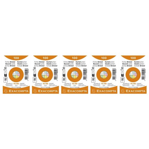 Exacompta Lot De 5 Paquets De 100 Fiches Bristol Quadrillé 5x5 Non Perforé 74x105mm - Couleurs Assorties