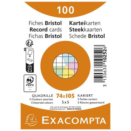 Exacompta Paquet De 100 Fiches Bristol Quadrillé 5x5 Non Perforé 74x105mm - Couleurs Assorties