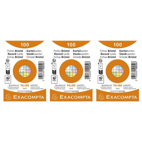 Exacompta Lot De 3 Paquets De 100 Fiches Bristol Quadrillé 5x5 Non Perforé 74x105mm - Couleurs Assorties