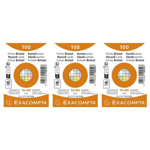 Exacompta Lot De 3 Paquets De 100 Fiches Bristol Quadrillé 5x5 Non Perforé 74x105mm - Couleurs Assorties