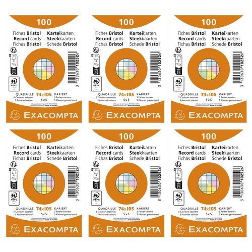 Exacompta Lot De 6 Paquets De 100 Fiches Bristol Quadrillé 5x5 Non Perforé 74x105mm - Couleurs Assorties