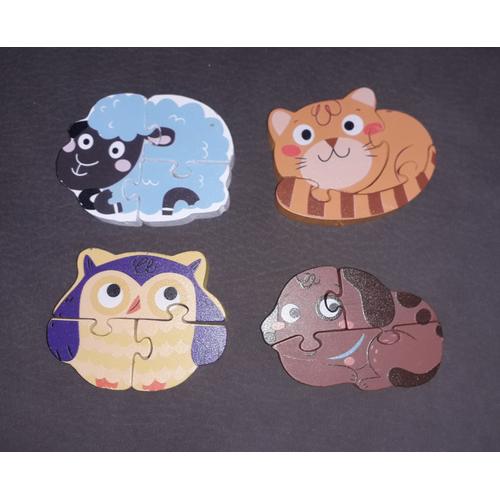 Lot De 4 Puzzles En Bois De 4 Pièces 1er Âge (Mouton, Chat, Hibou, Chien) 7 X 9 X 1,5 Cm