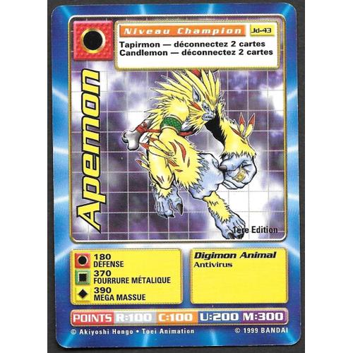 Carte Digimon Apemon Jd-43 - Niveau Champion [Premiere Edition 1] - Bandai 1999