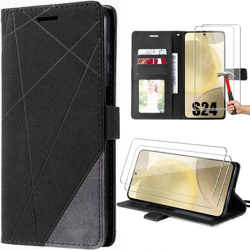 Coque Pour Samsung Galaxy S24, Flip Case Support Noir Effet Cuir Et 2 Verres Trempés - E.F.Connection