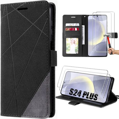 Coque Pour Samsung Galaxy S24 Plus (S24+) Avec 2 Verres Trempés, Effet Cuir Intégral Portefeuille Noir - E.F.Connection