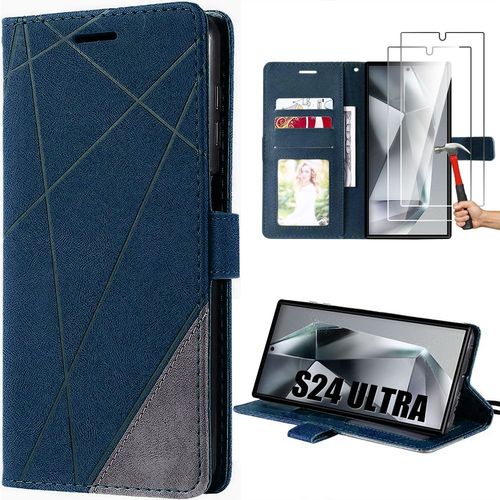 Coque Pour Samsung Galaxy S24 Ultra Avec 2 Verres Trempés, Coque Effet Cuir Flip Case - Bleu Marine - E.F.Connection