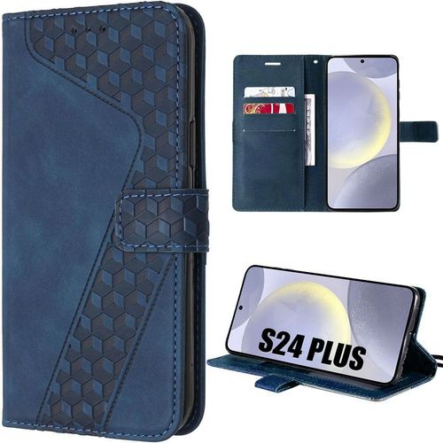 Coque Pour Samsung Galaxy S24 Plus (S24+), Effet Cuir Noir Fermeture Magnétique Bleu Marine Mosaïque - E.F.Connection