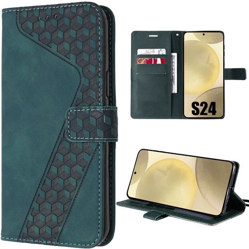 Coque Pour Samsung Galaxy S24, Protection Rabat Cuir Synthétique Motif Mosaïque Vert Nuit - E.F.Connection