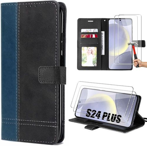 Coque + 2 Verres Trempés Pour Samsung Galaxy S24 Plus (S24+) - Coque Effet Cuir Noir/Bleu Marine Bicolore - E.F.Connection